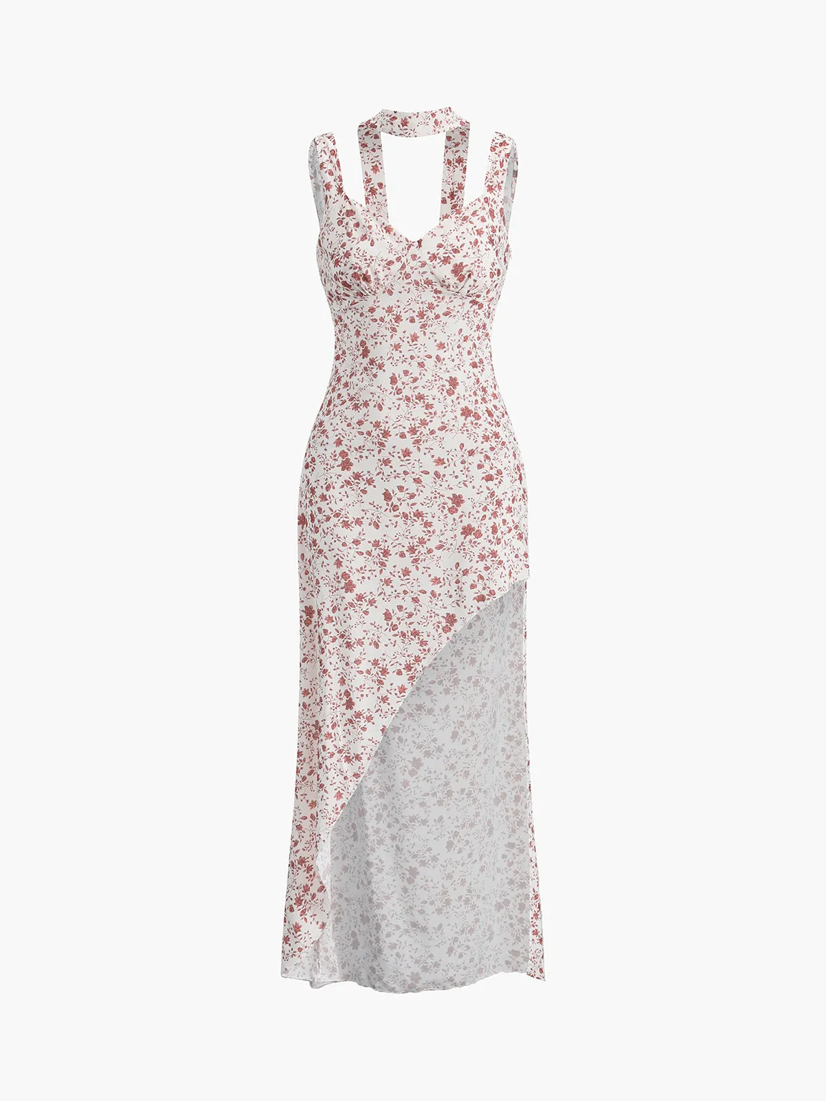 JazzHer Ditsy Floral Asymmetrical Hem Split Long Dress
