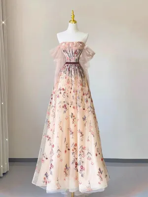 JazzHer Elegant A Line Strapless Off The Shoulder Floral Lace Long Prom Dress Evening Dresses (PRE-ORDER)