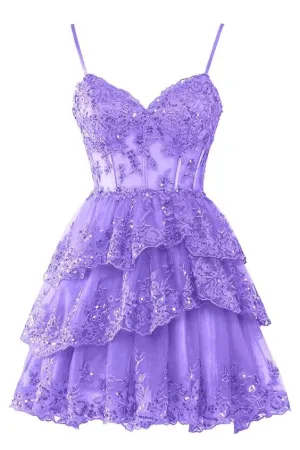 JazzHer Homecoming Dresses for Teens Sparkly Tulle Lace Applique Tiered A-line Hoco Dress (PRE-ORDER)