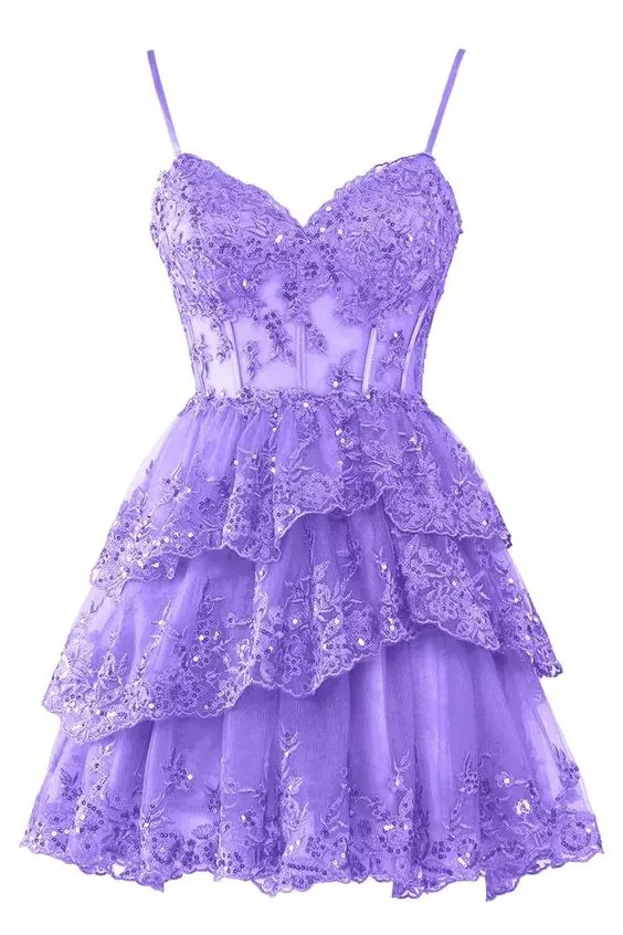 JazzHer Homecoming Dresses for Teens Sparkly Tulle Lace Applique Tiered A-line Hoco Dress (PRE-ORDER)