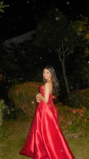 JazzHer Modest Ball Gown Strapless Red Satin Long Prom Dresses Evening Dress (PRE-ORDER)