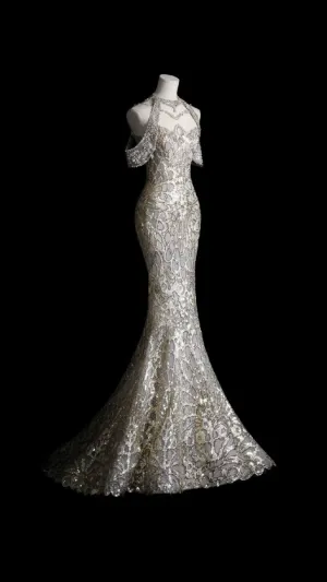 JazzHer Pretty Mermaid Jewel Sequin Long Evening Dress Lace Prom Dresses With Sleeves (PRE-ORDER)