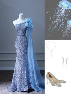 JazzHer Pretty Mermaid One Shoulder Sequin Blue Slit Long Evening Dress Prom Dresses With Feather (PRE-ORDER)