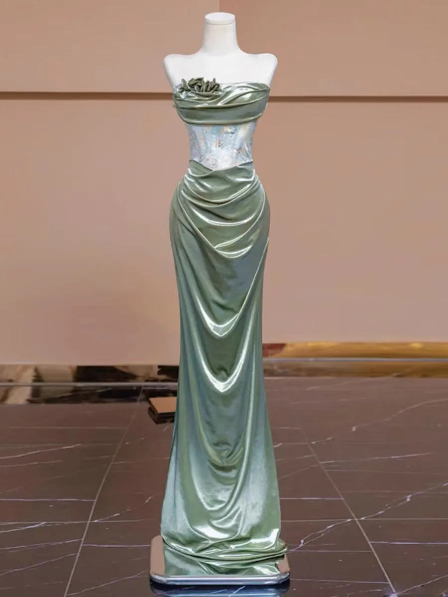 JazzHer Sexy Mermaid Strapless Green Satin Evening Dress Long Prom Dresses Party Dress With Ruffles (PRE-ORDER)