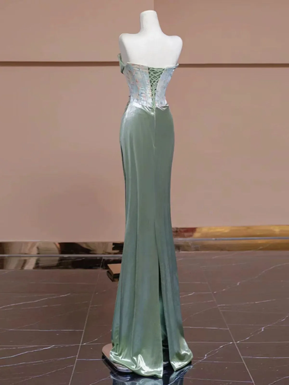 JazzHer Sexy Mermaid Strapless Green Satin Evening Dress Long Prom Dresses Party Dress With Ruffles (PRE-ORDER)