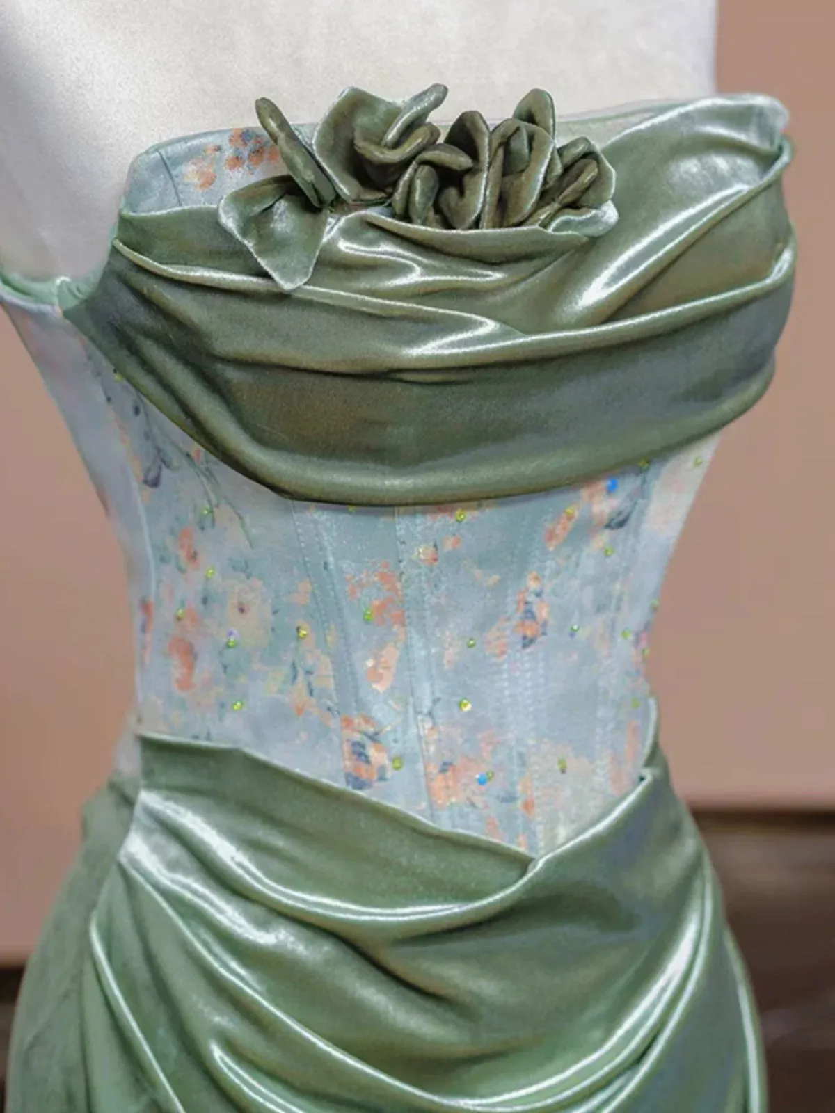 JazzHer Sexy Mermaid Strapless Green Satin Evening Dress Long Prom Dresses Party Dress With Ruffles (PRE-ORDER)