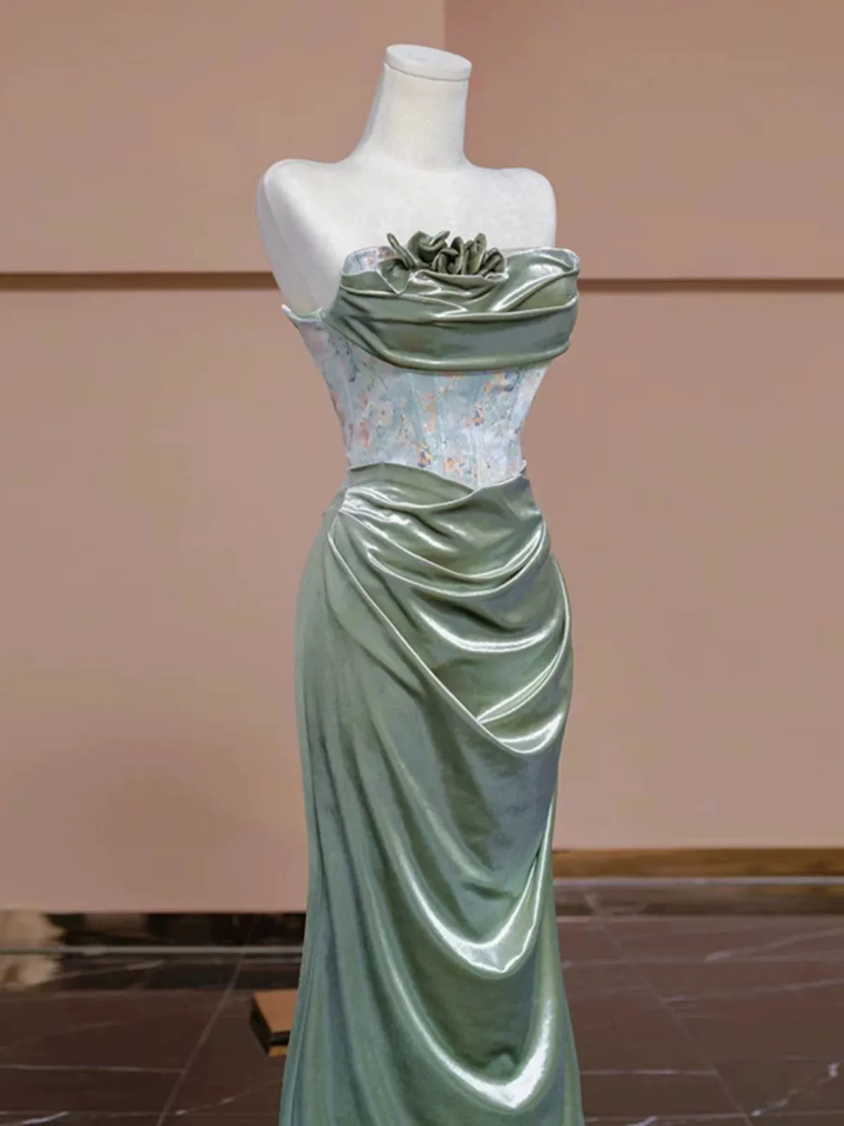 JazzHer Sexy Mermaid Strapless Green Satin Evening Dress Long Prom Dresses Party Dress With Ruffles (PRE-ORDER)