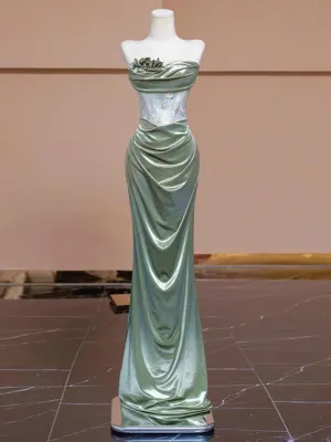 JazzHer Sexy Mermaid Strapless Green Satin Evening Dress Long Prom Dresses Party Dress With Ruffles (PRE-ORDER)