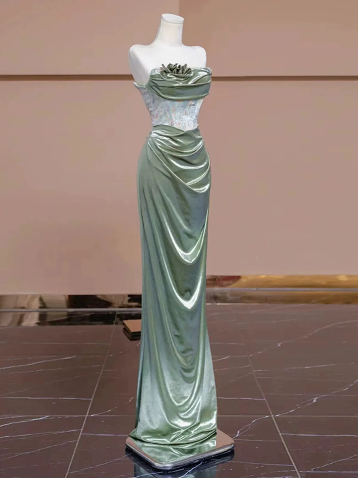 JazzHer Sexy Mermaid Strapless Green Satin Evening Dress Long Prom Dresses Party Dress With Ruffles (PRE-ORDER)