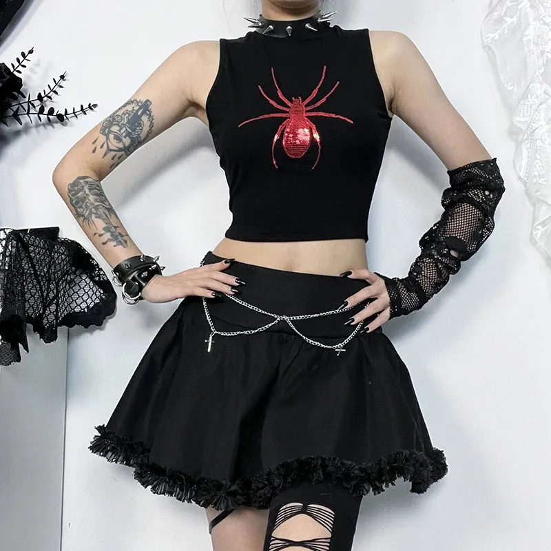 JazzHer Women's Gothic Tops Music Festival See-through Fashion Slim Cross Decorative Hollow Spider Beaded Embroidered Vests