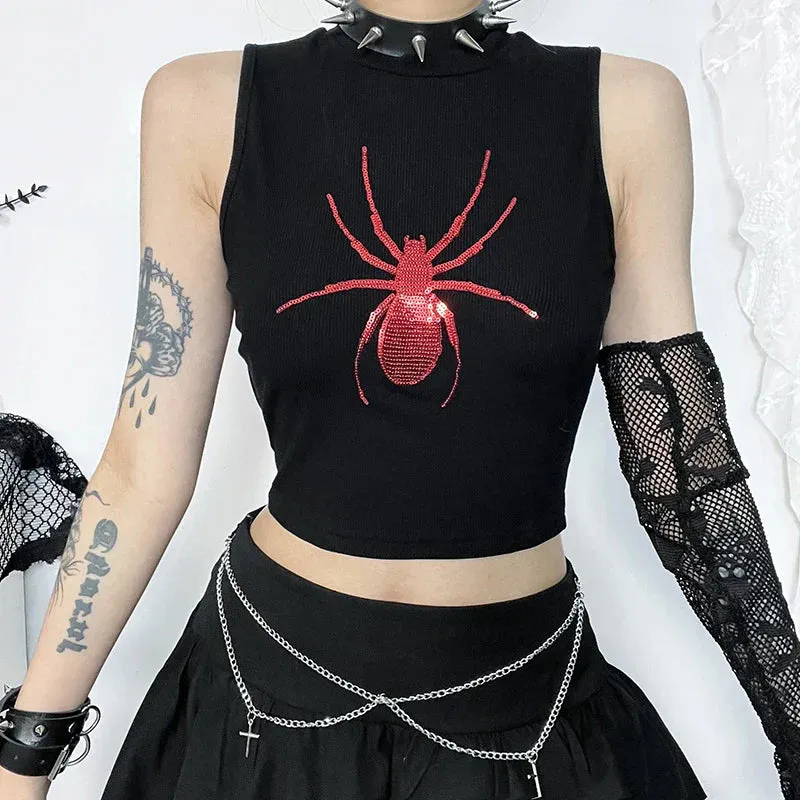 JazzHer Women's Gothic Tops Music Festival See-through Fashion Slim Cross Decorative Hollow Spider Beaded Embroidered Vests