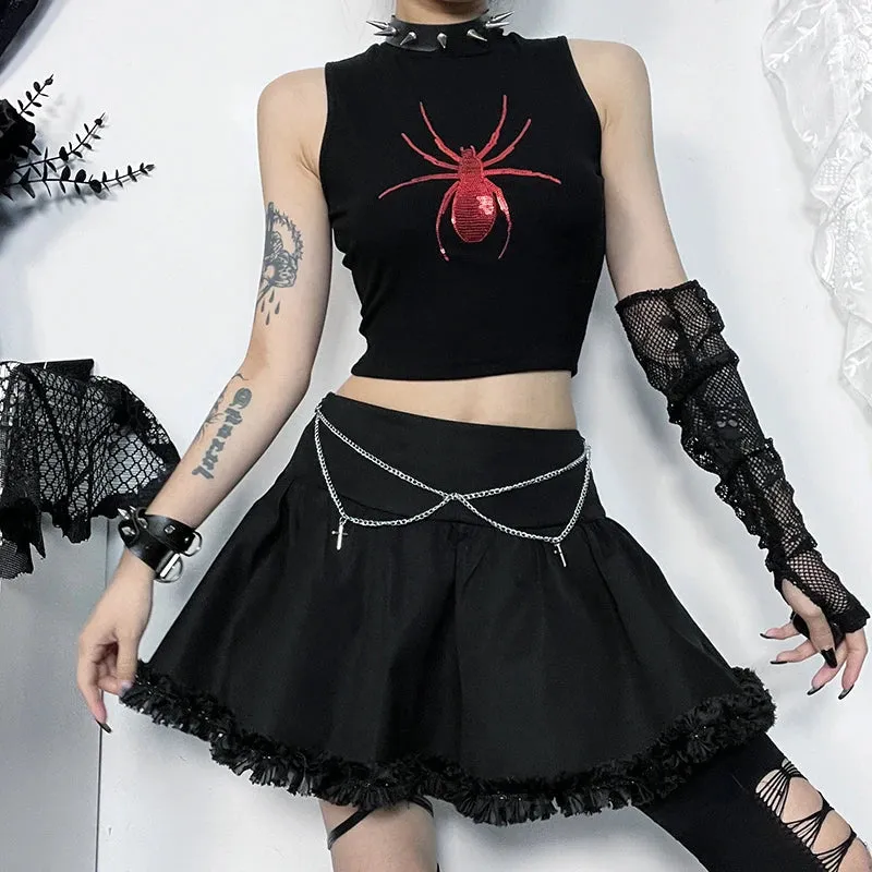 JazzHer Women's Gothic Tops Music Festival See-through Fashion Slim Cross Decorative Hollow Spider Beaded Embroidered Vests