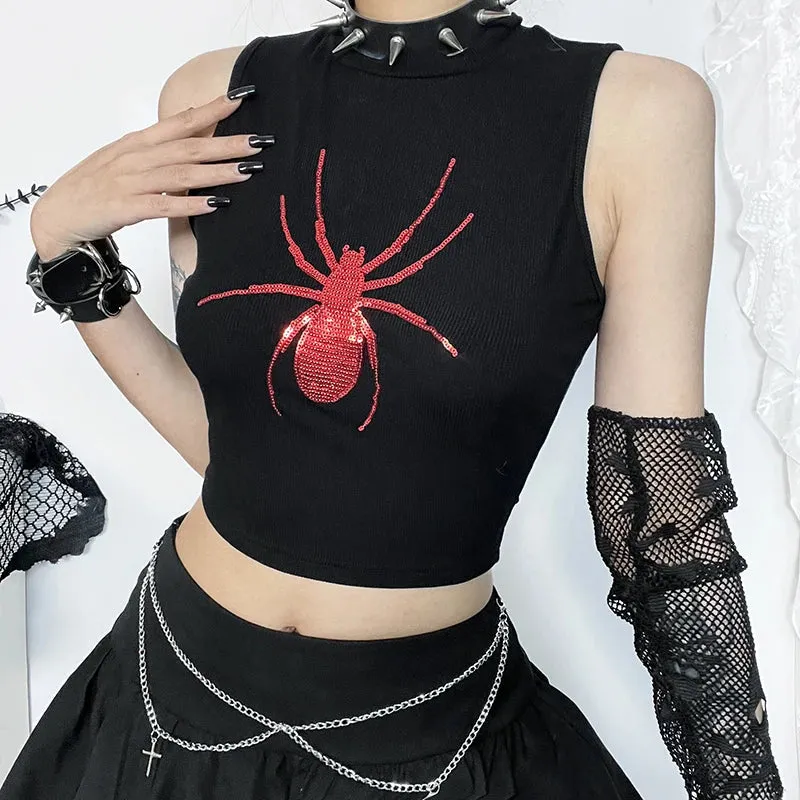 JazzHer Women's Gothic Tops Music Festival See-through Fashion Slim Cross Decorative Hollow Spider Beaded Embroidered Vests