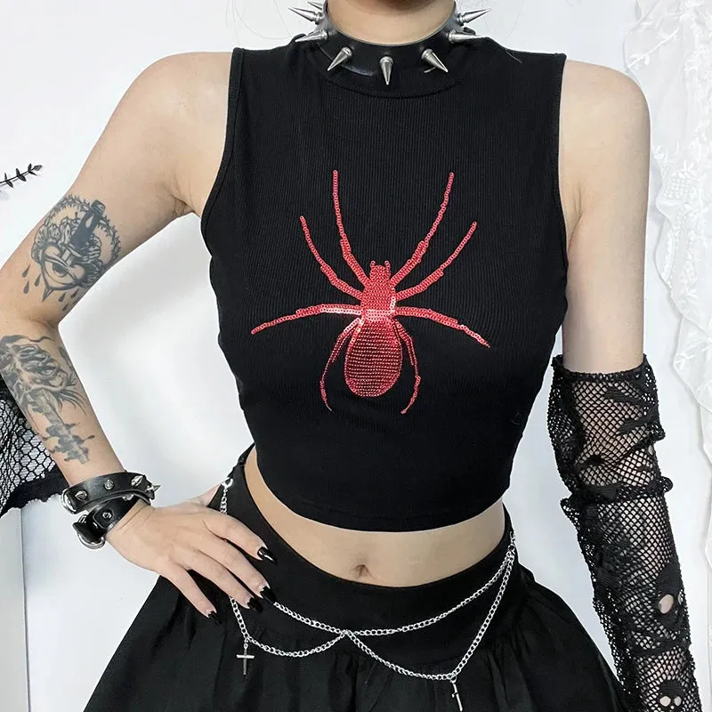 JazzHer Women's Gothic Tops Music Festival See-through Fashion Slim Cross Decorative Hollow Spider Beaded Embroidered Vests