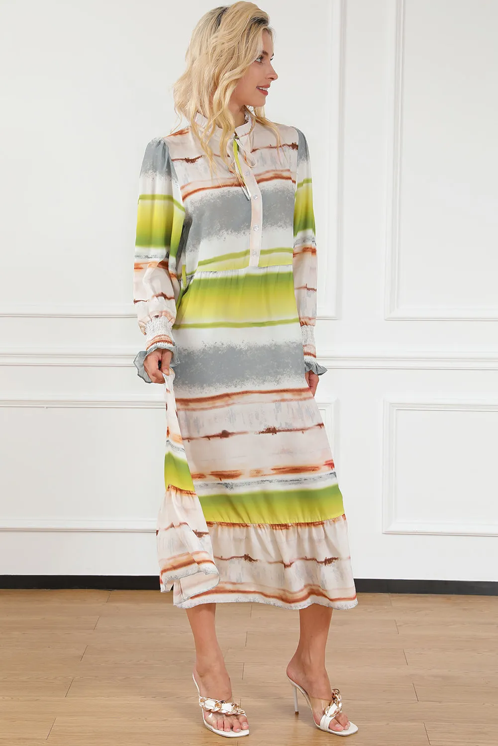 Jen Striped Half Button Smocked Long Sleeve Ruffle Hem Dress