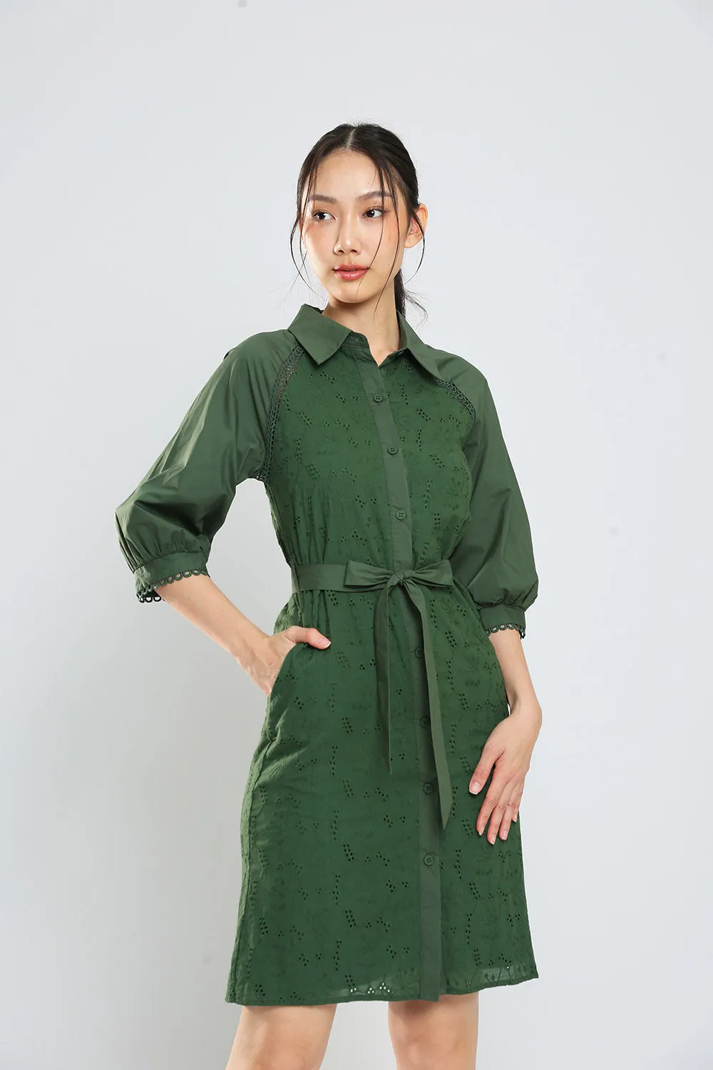 Jesse Midi Shirt Dress in Hunter Green Eyelet