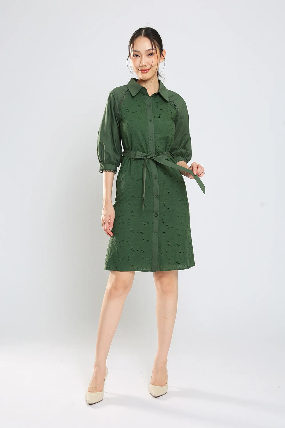 Jesse Midi Shirt Dress in Hunter Green Eyelet