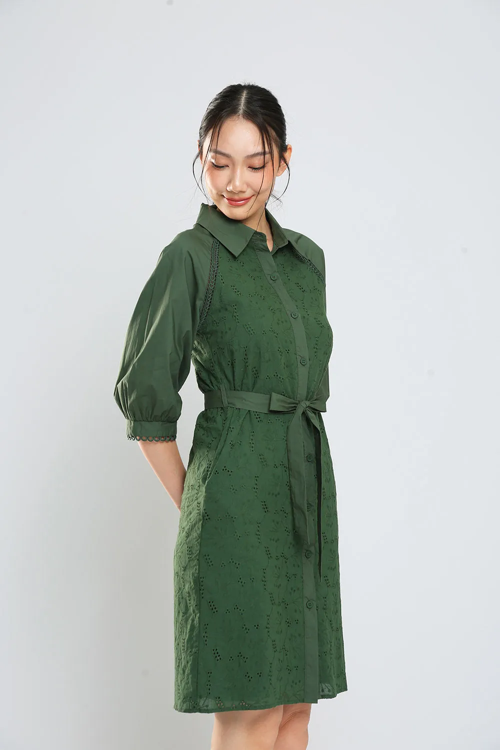 Jesse Midi Shirt Dress in Hunter Green Eyelet
