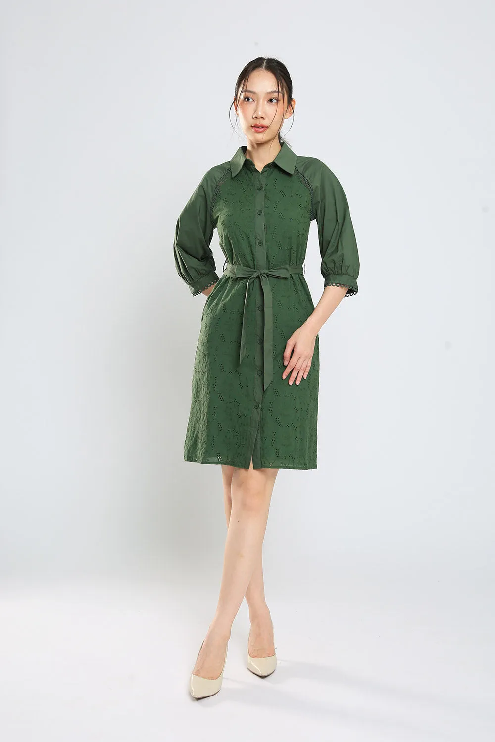 Jesse Midi Shirt Dress in Hunter Green Eyelet