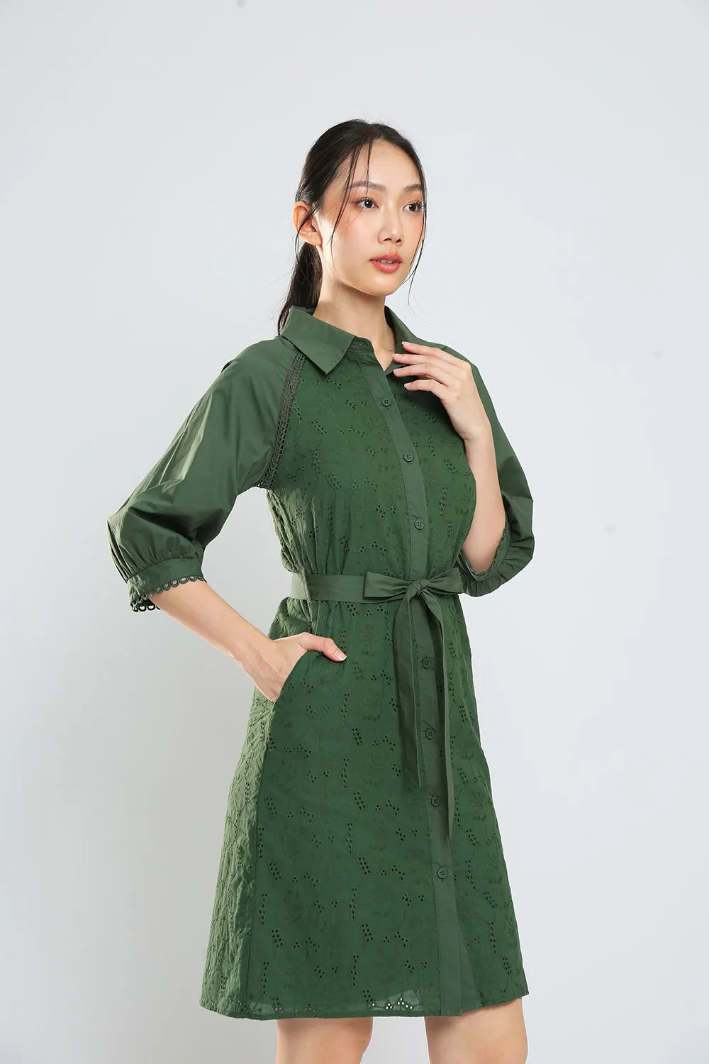 Jesse Midi Shirt Dress in Hunter Green Eyelet