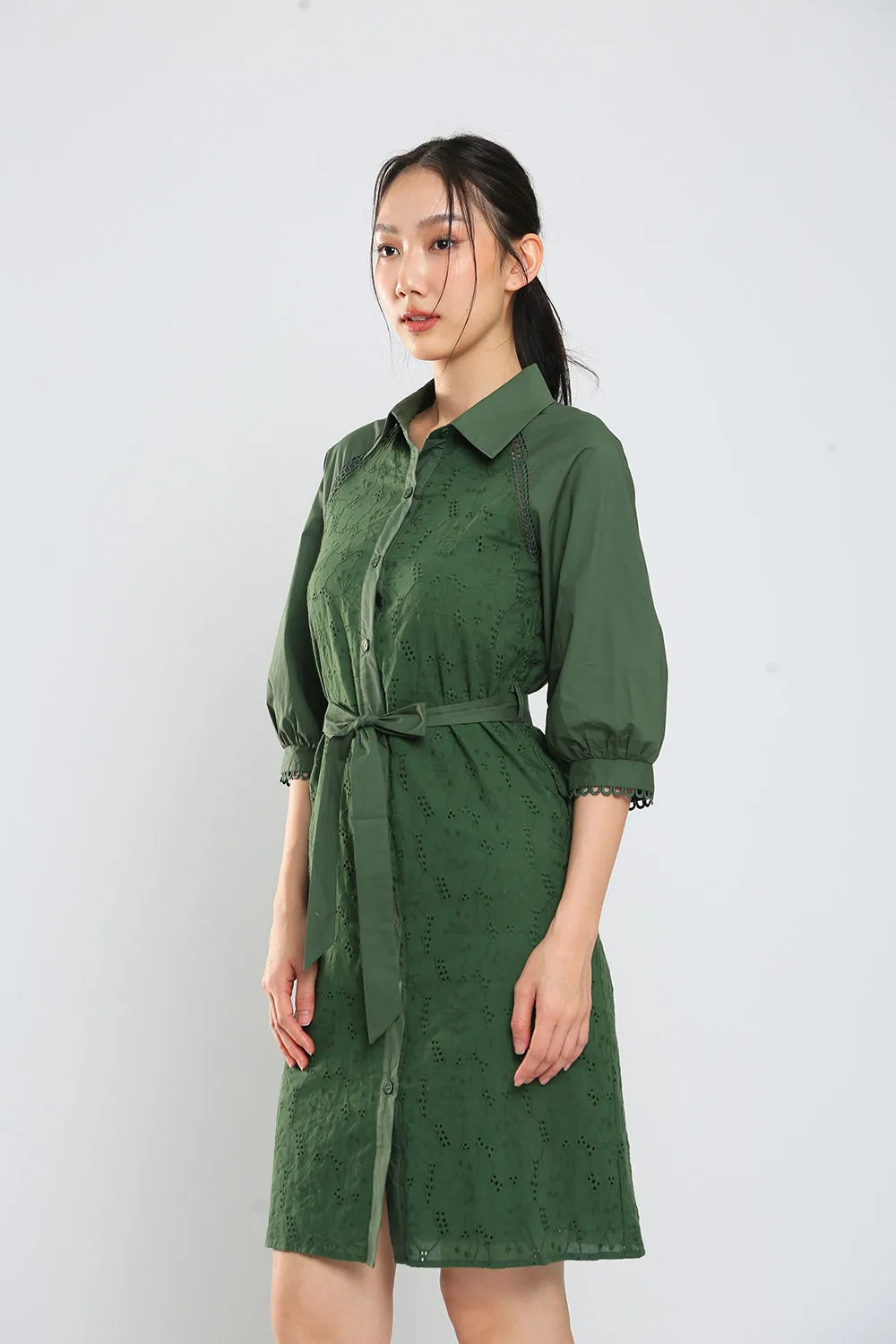 Jesse Midi Shirt Dress in Hunter Green Eyelet