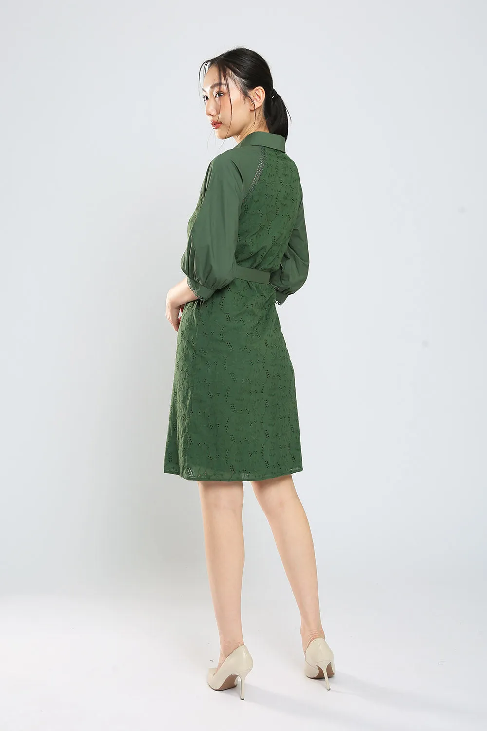 Jesse Midi Shirt Dress in Hunter Green Eyelet