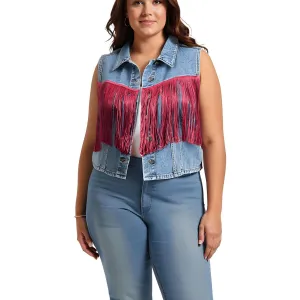 Jessica Simpson Womens Plus Fringe Denim Denim Vest