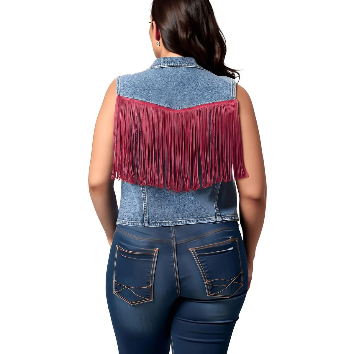 Jessica Simpson Womens Plus Fringe Denim Denim Vest
