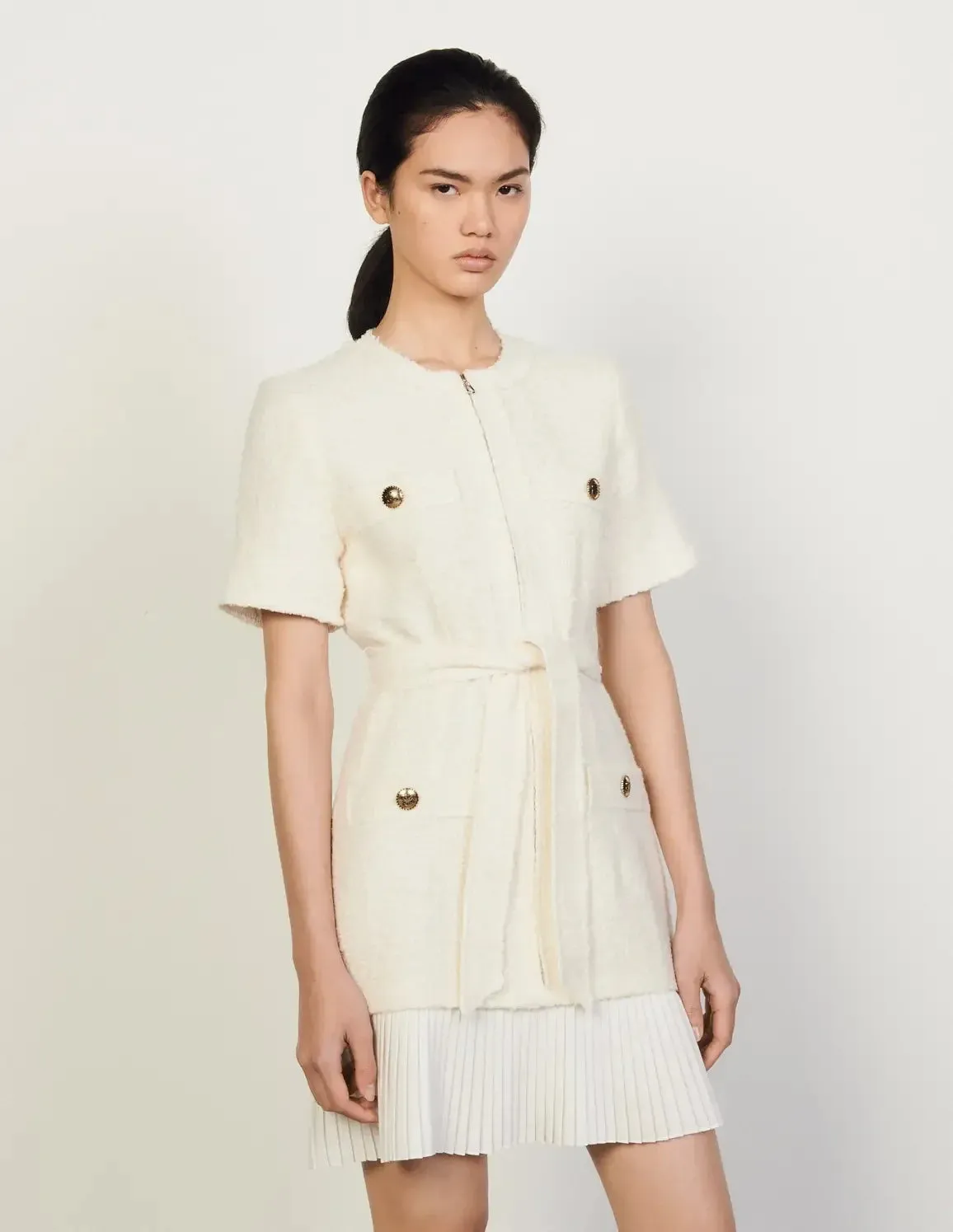 Joana Tweed-Effect Woollen Coat Dress Ecru
