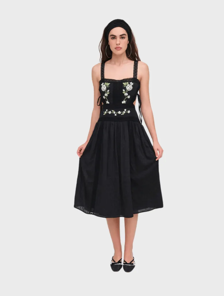 Jolene Embroidered Midi Dress - Black