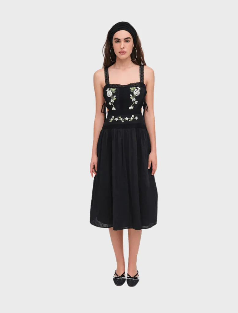 Jolene Embroidered Midi Dress - Black