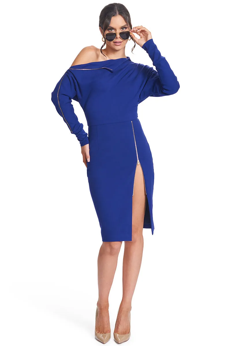 Josefa Asymmetric Dress Royal Blue - Long sleeve convertible midi