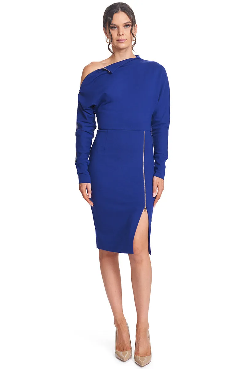 Josefa Asymmetric Dress Royal Blue - Long sleeve convertible midi