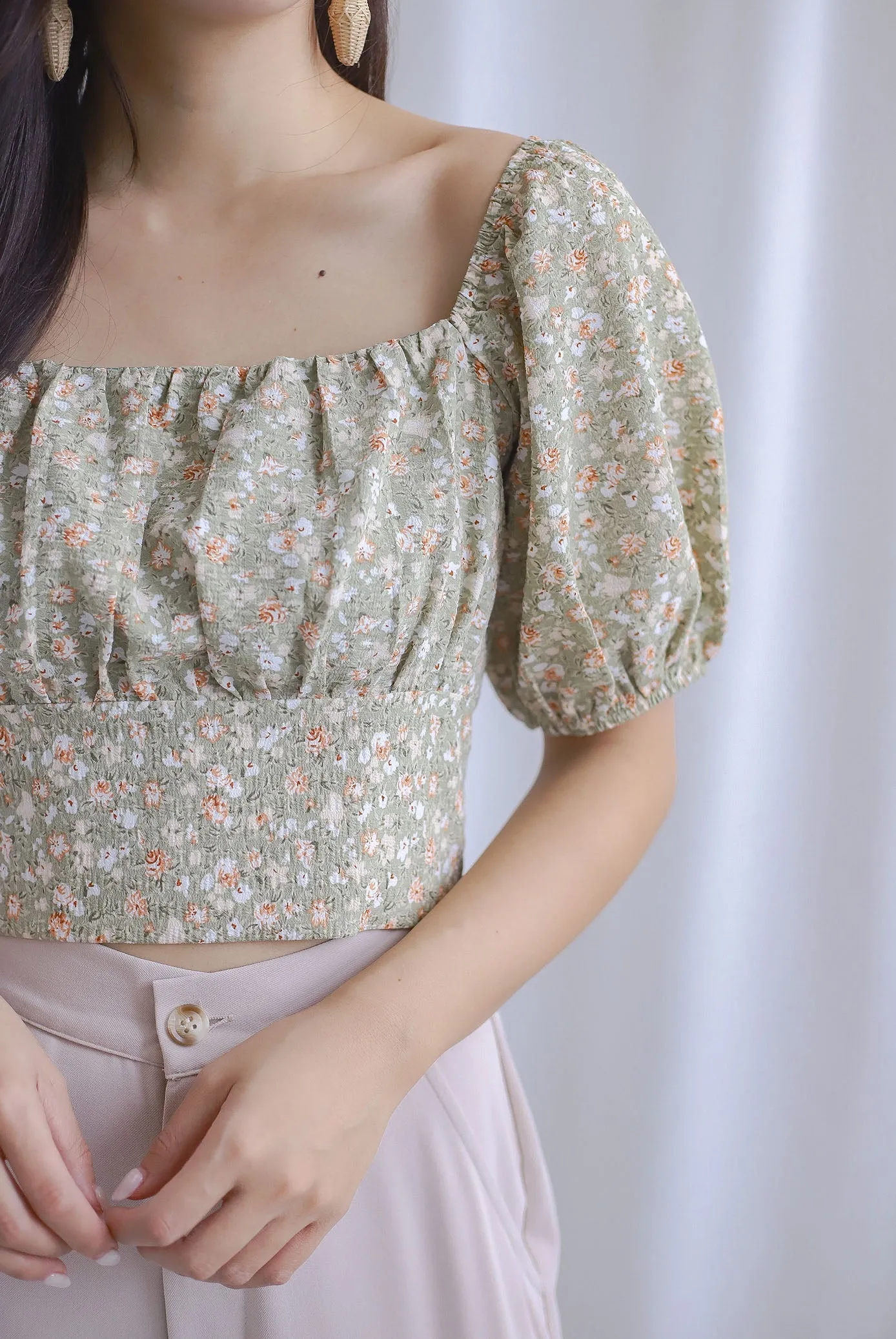 Kate Floral Textured Ruched Front Top In Green
