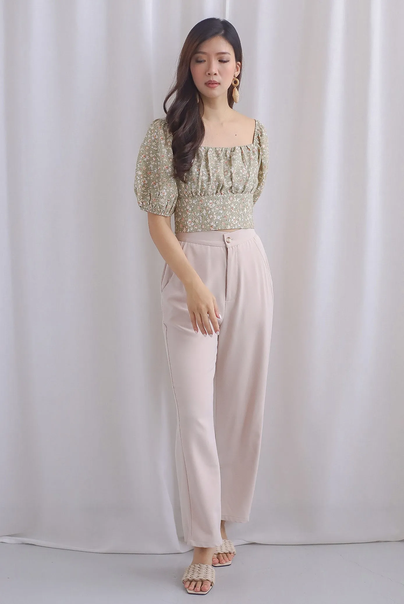 Kate Floral Textured Ruched Front Top In Green