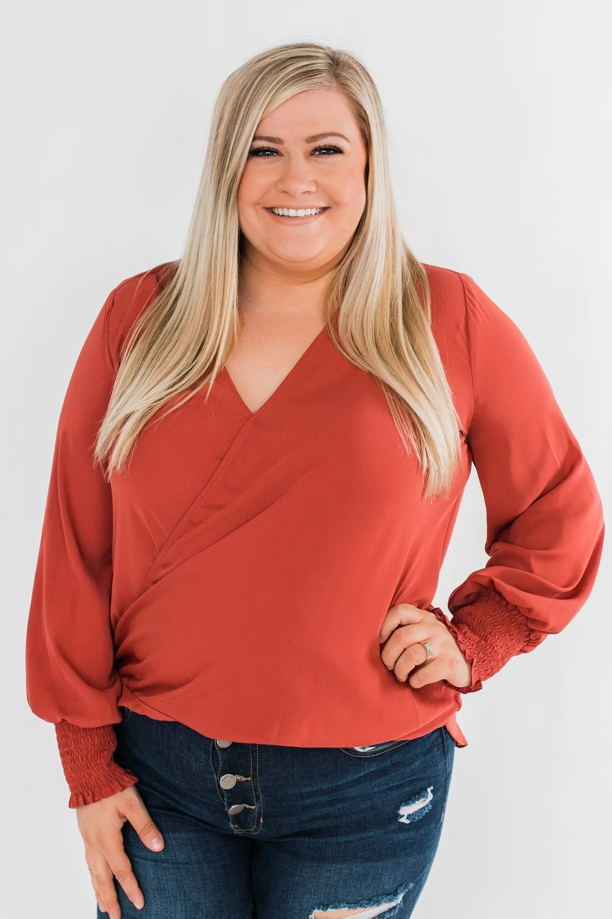 Keeping Up With Cute Wrap Blouse- Rust