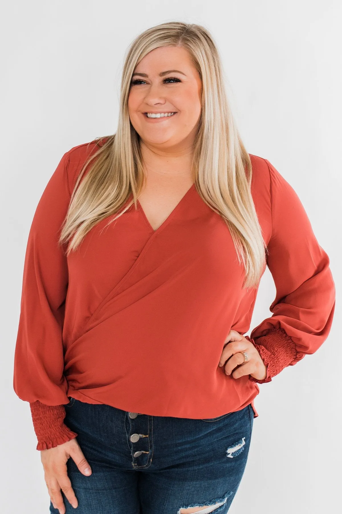 Keeping Up With Cute Wrap Blouse- Rust