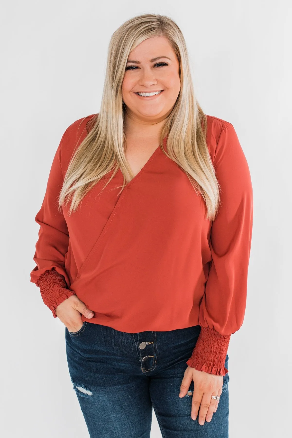 Keeping Up With Cute Wrap Blouse- Rust
