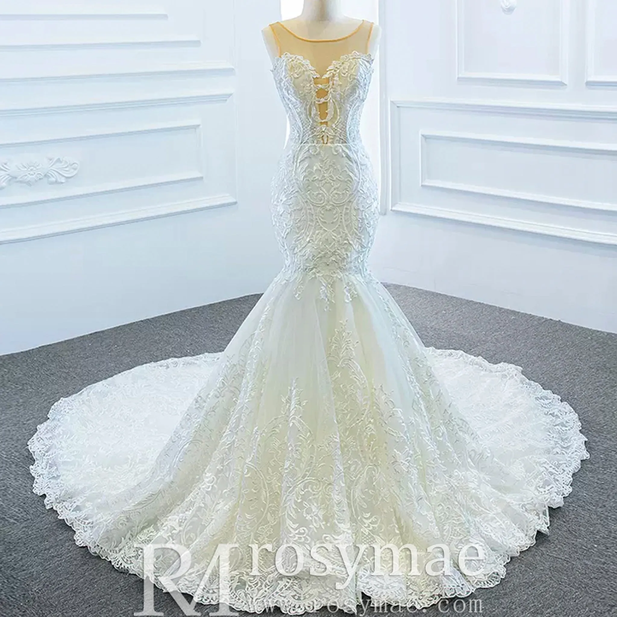 Keyhole Back Cape Wedding Dress Sheer Scoop Mermaid Bridal Gown