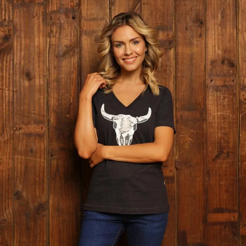 Kingsley Sequin Skull V-Neck Tee - Gravel
