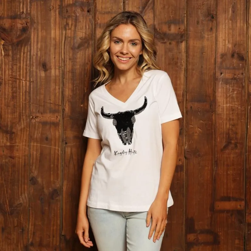 Kingsley Sequin Skull V-Neck Tee - Pelican