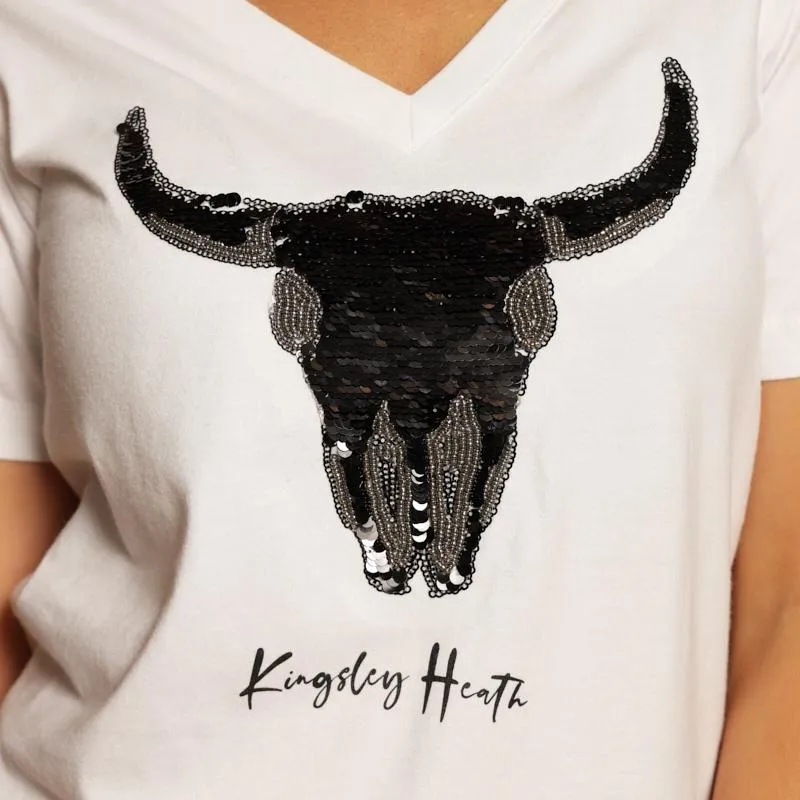 Kingsley Sequin Skull V-Neck Tee - Pelican