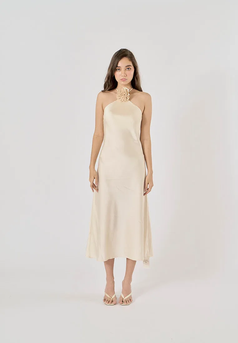 Kova Beige Detachable Flower Applique Halter Neck Midi Dress