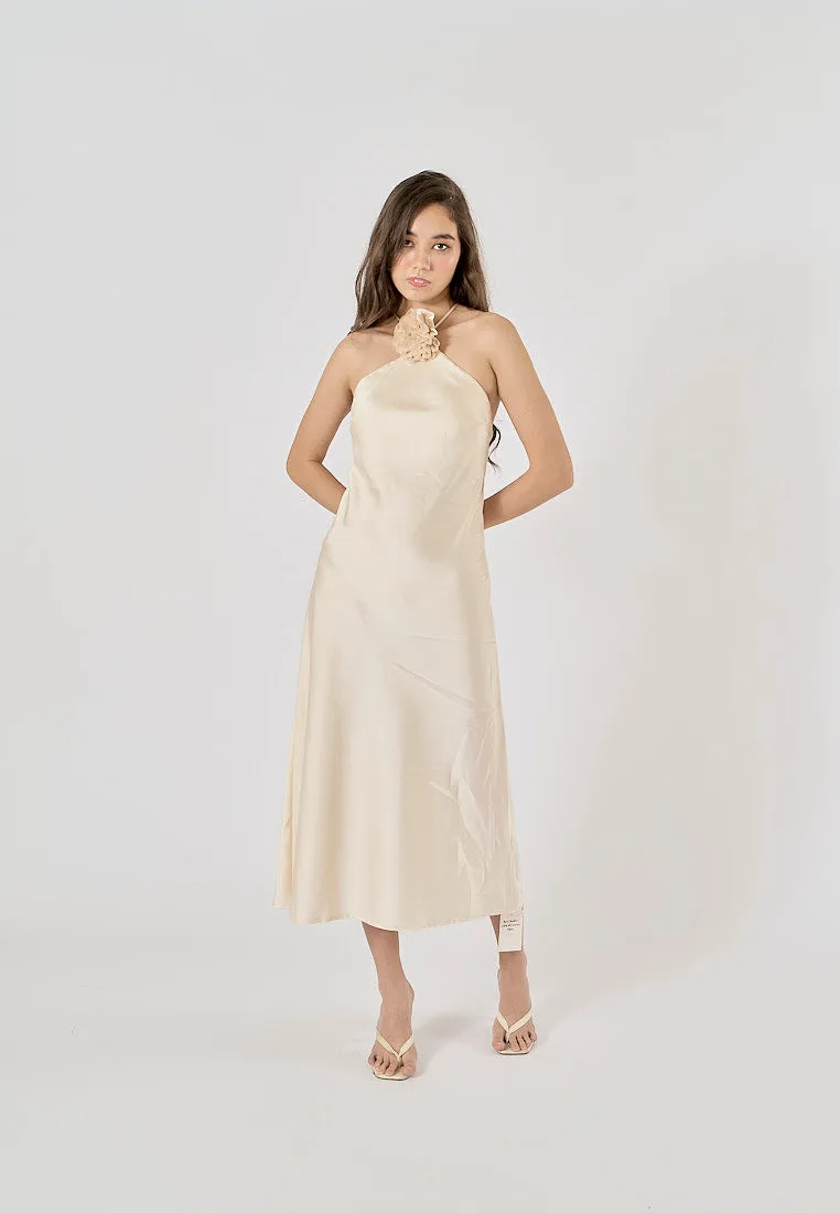 Kova Beige Detachable Flower Applique Halter Neck Midi Dress