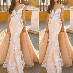lace applique mermaid wedding dresses with detachable train peach elegant short sleeve wedding gown
