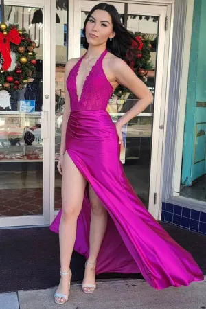Lace Applique Satin High Slit Mermaid Prom Dresses
