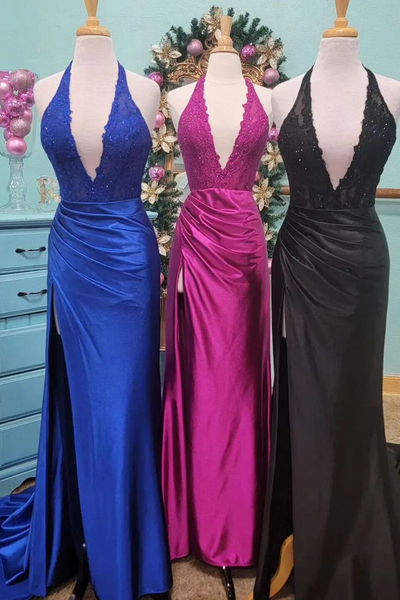 Lace Applique Satin High Slit Mermaid Prom Dresses