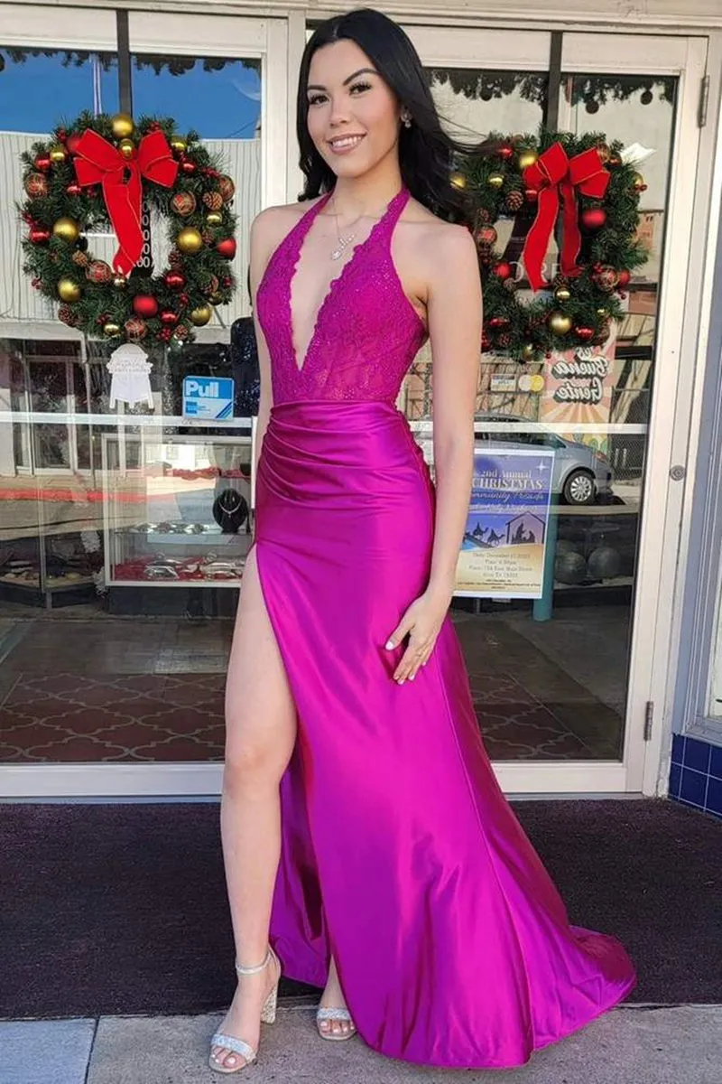 Lace Applique Satin High Slit Mermaid Prom Dresses