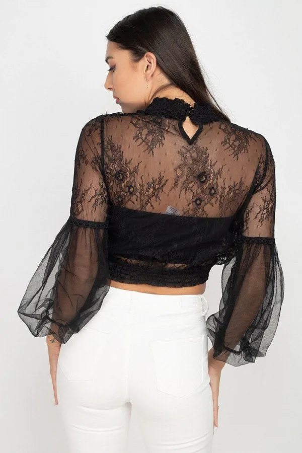 Lace Trim Balloon Sleeve Smocked Top