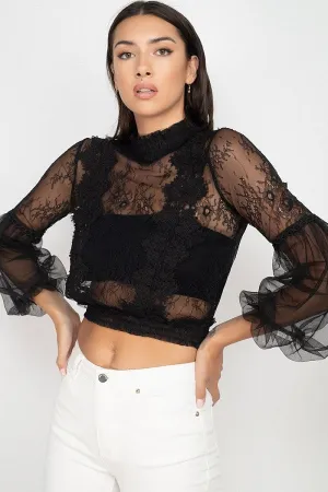 Lace Trim Balloon Sleeve Smocked Top